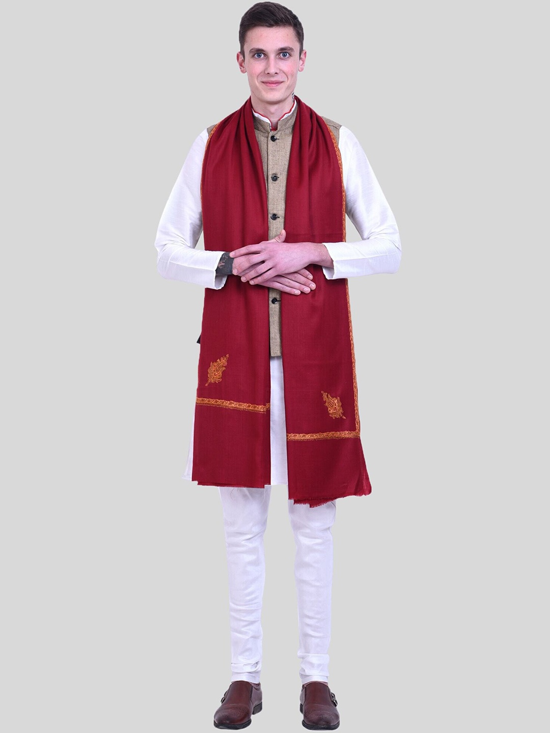 

SWI Stylish Ethic Motifs Embroidered Pure Wool Shawl, Maroon