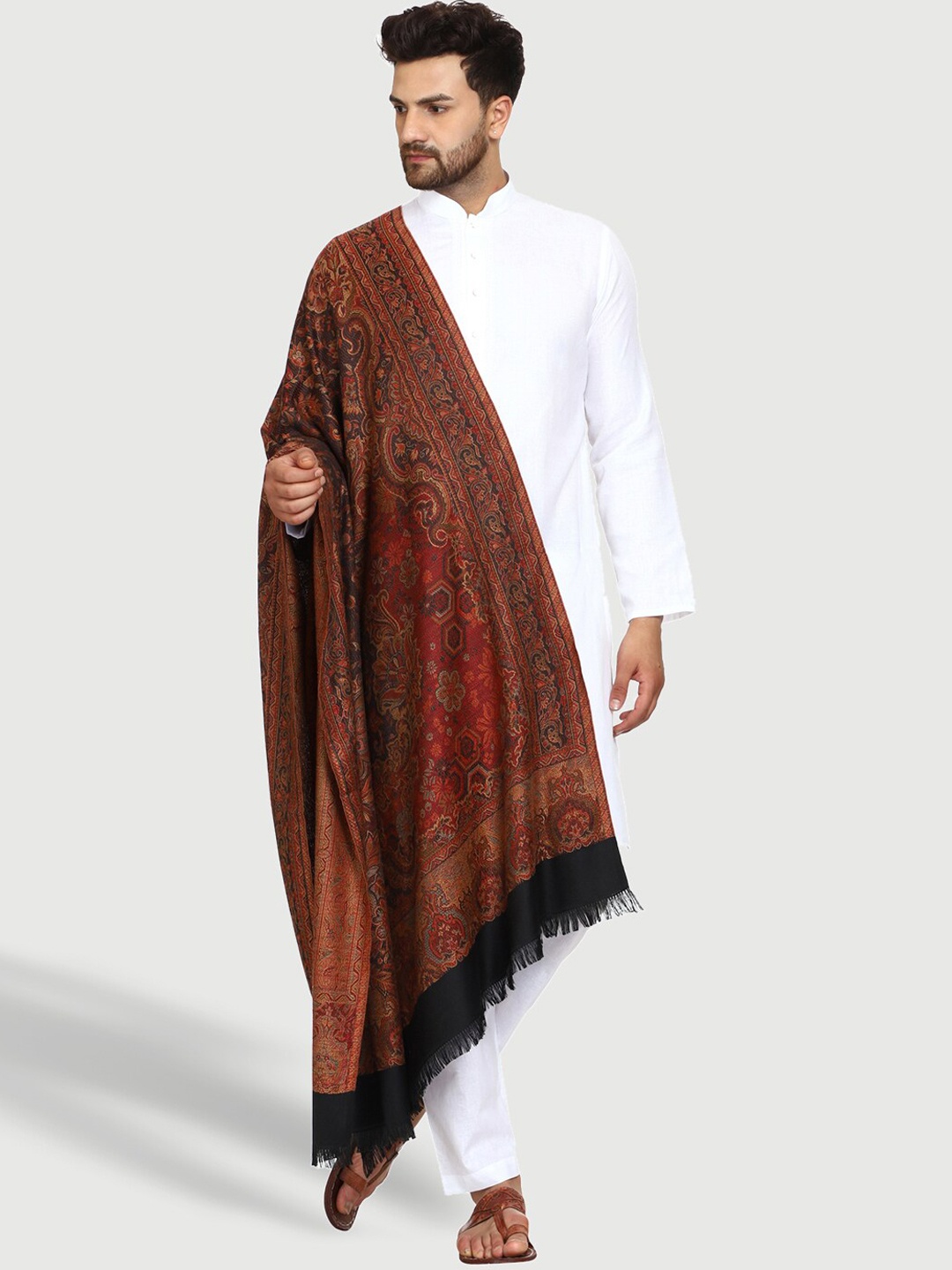 

SWI Stylish Men Ethnic Motifs Woven Design Woolen Shawl, Black