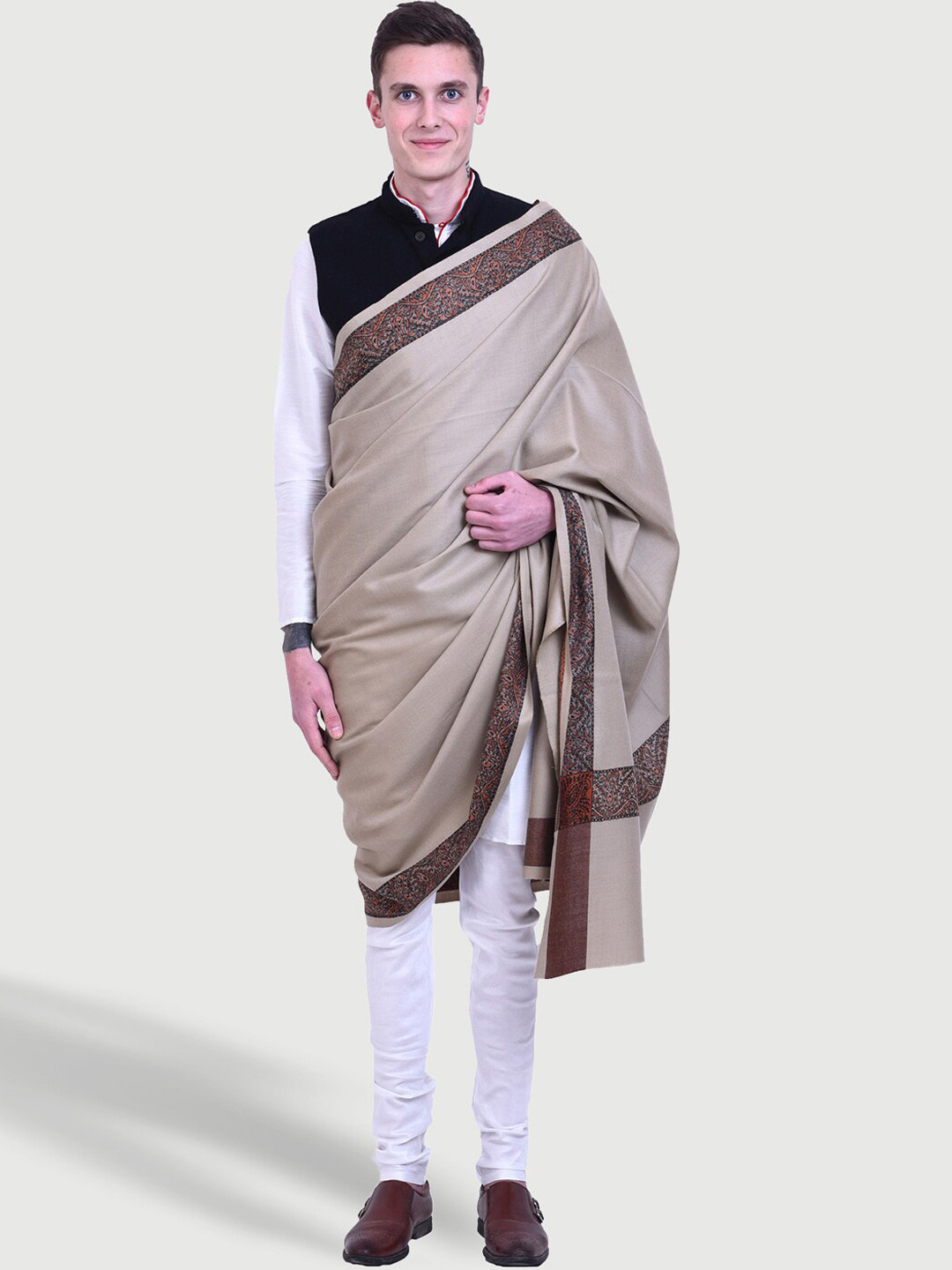 

SWI Stylish Men Ethnic Motifs Woven Design Pure Wool Shawl, Brown