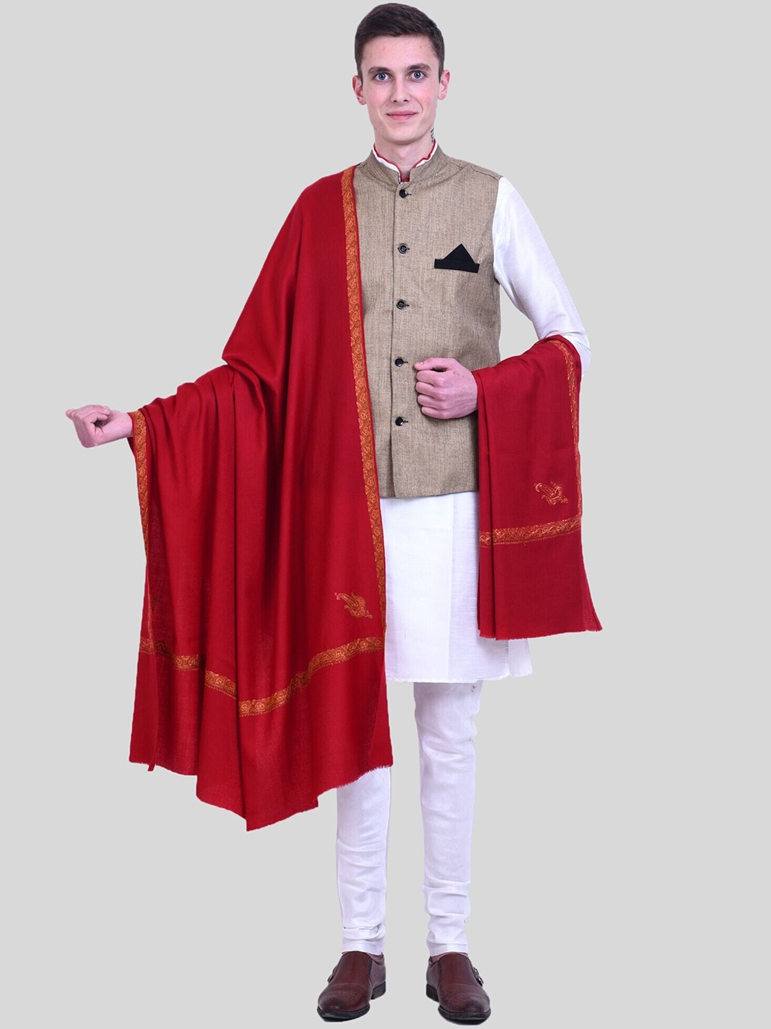 

SWI Stylish Men Paisley Embroidered Pure Wool Shawl, Maroon