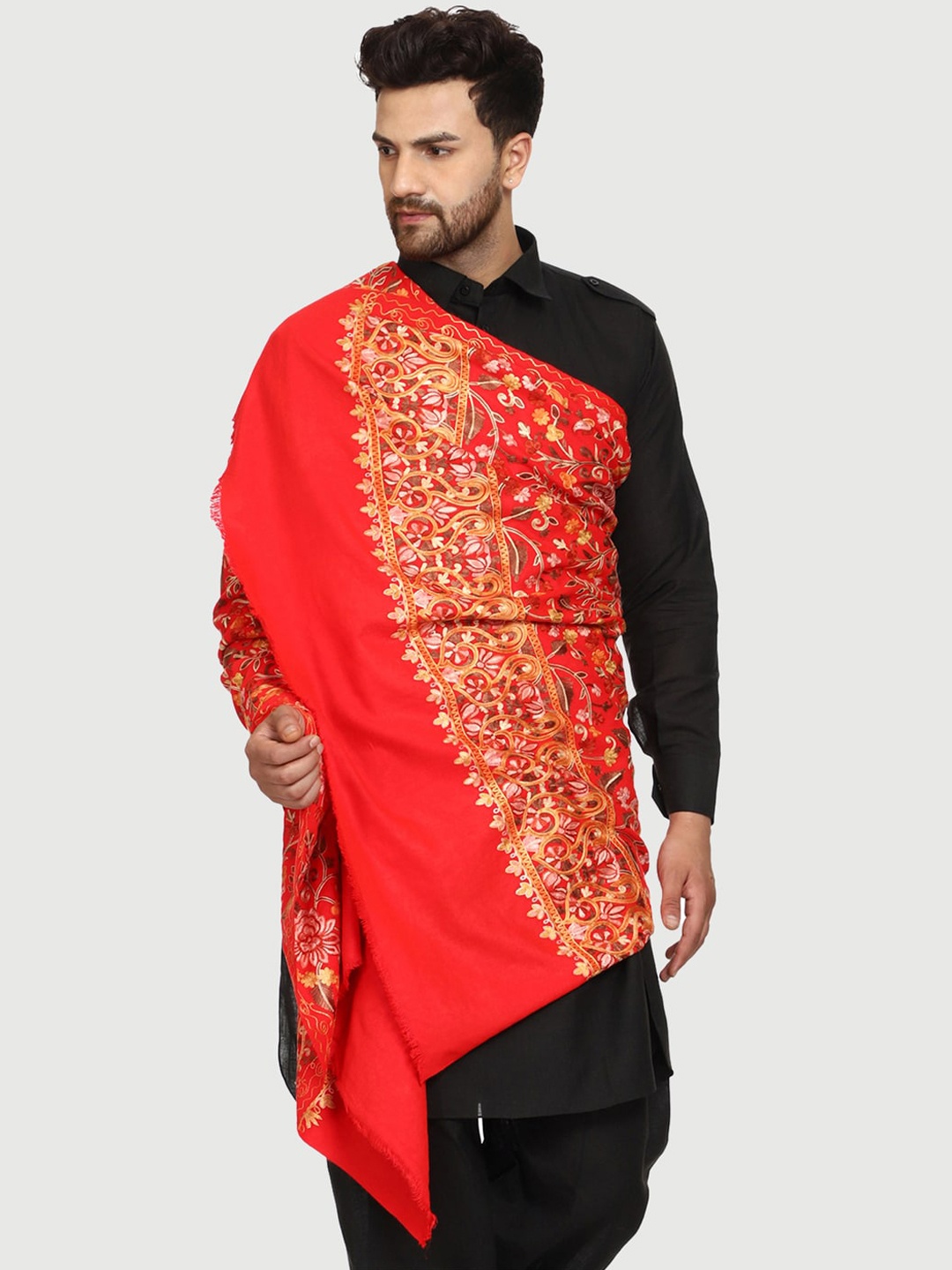 

SWI Stylish Men Floral Embroidered Wool Shawl, Red