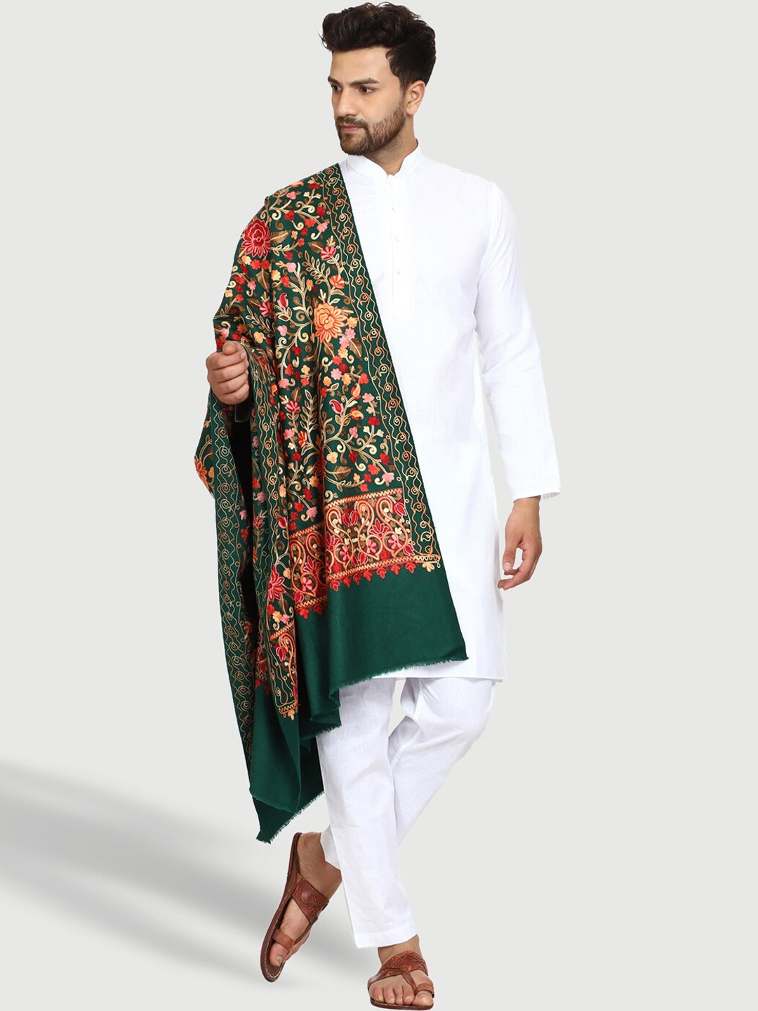 

SWI Stylish Aari Floral Embroidered Wool Shawl, Green