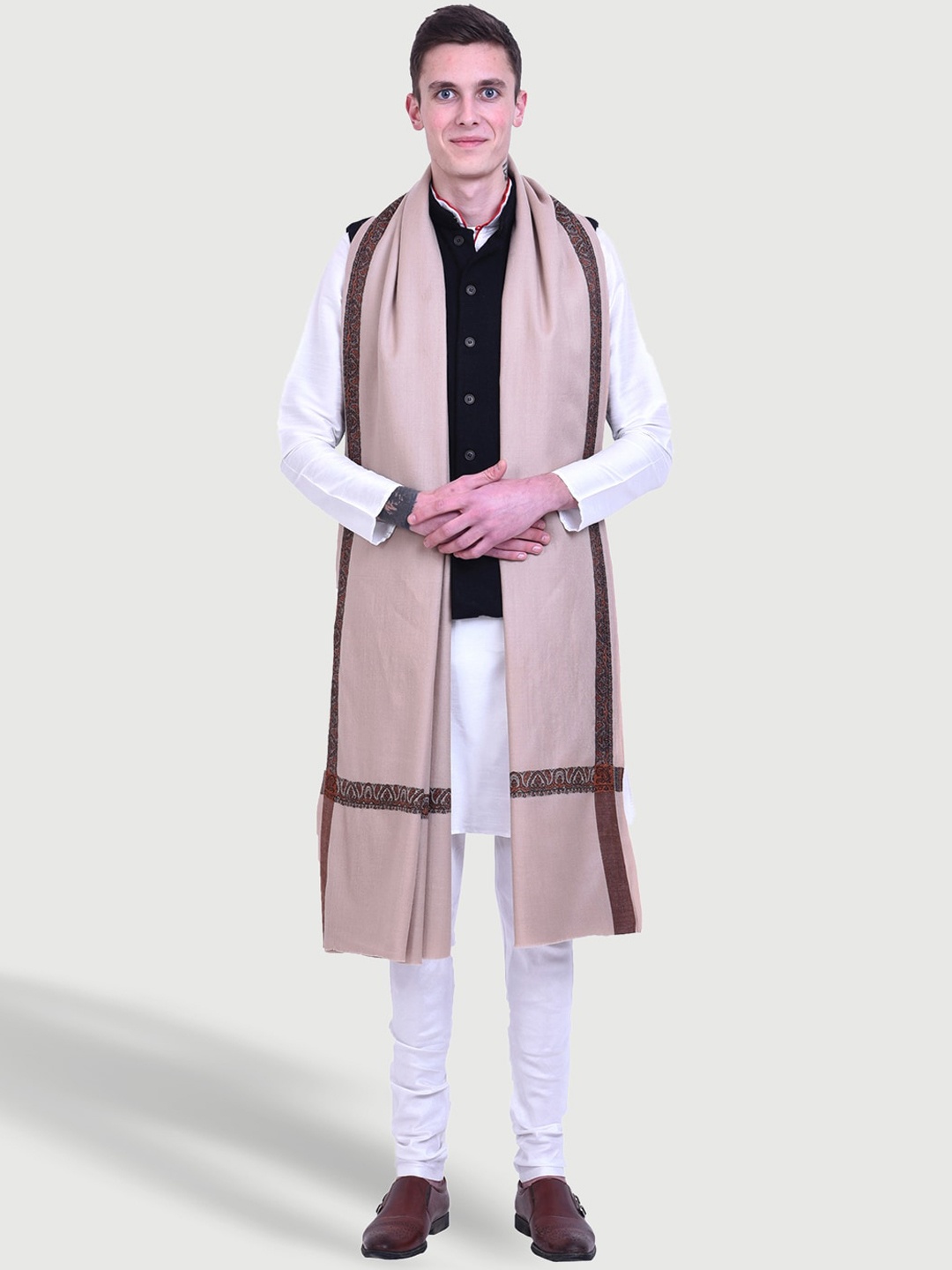 

SWI Stylish Men Ethnic Motifs Woven Design Pure Wool Shawl, Brown