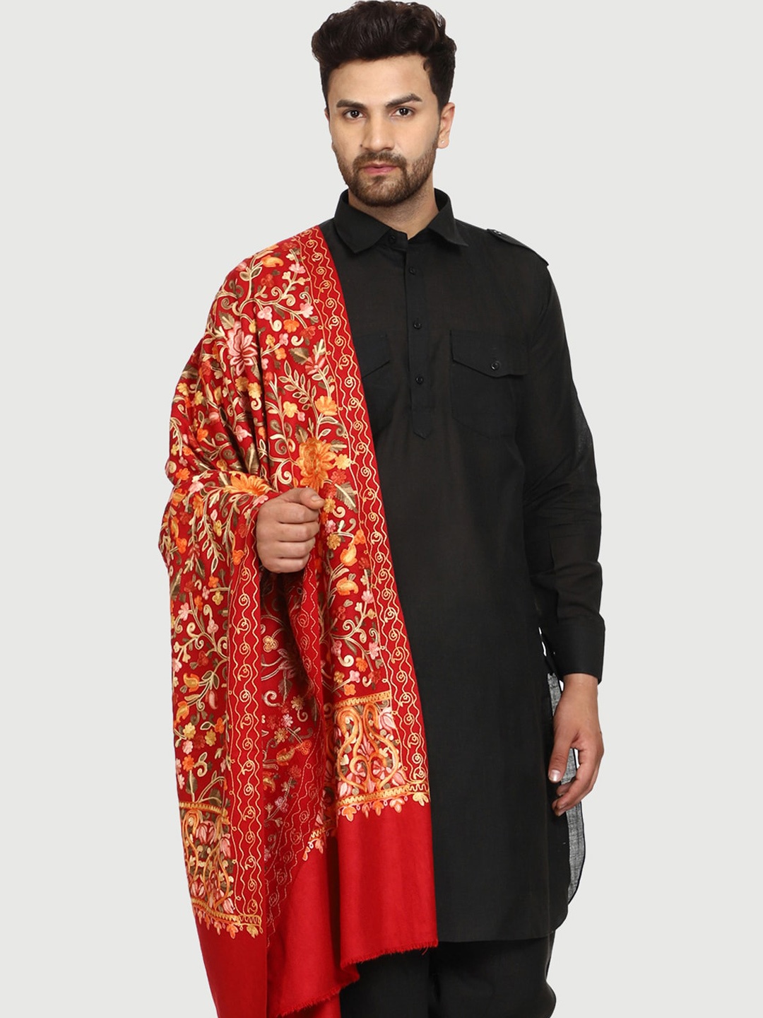 

SWI Stylish Men Aari Floral Embroidered Wool Shawl, Maroon