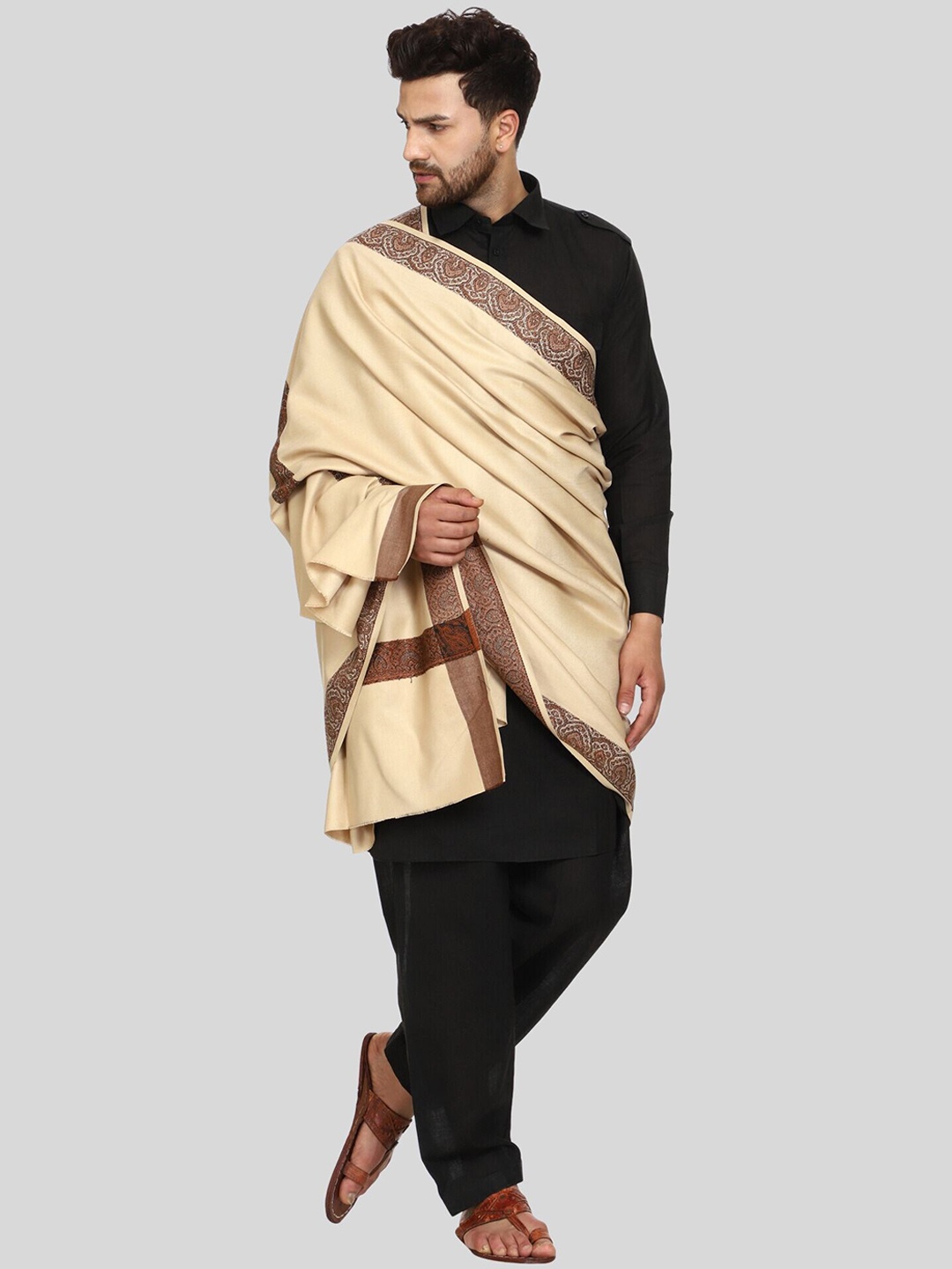 

SWI Stylish Ethnic Motifs Woven Design Wool Shawl, Beige