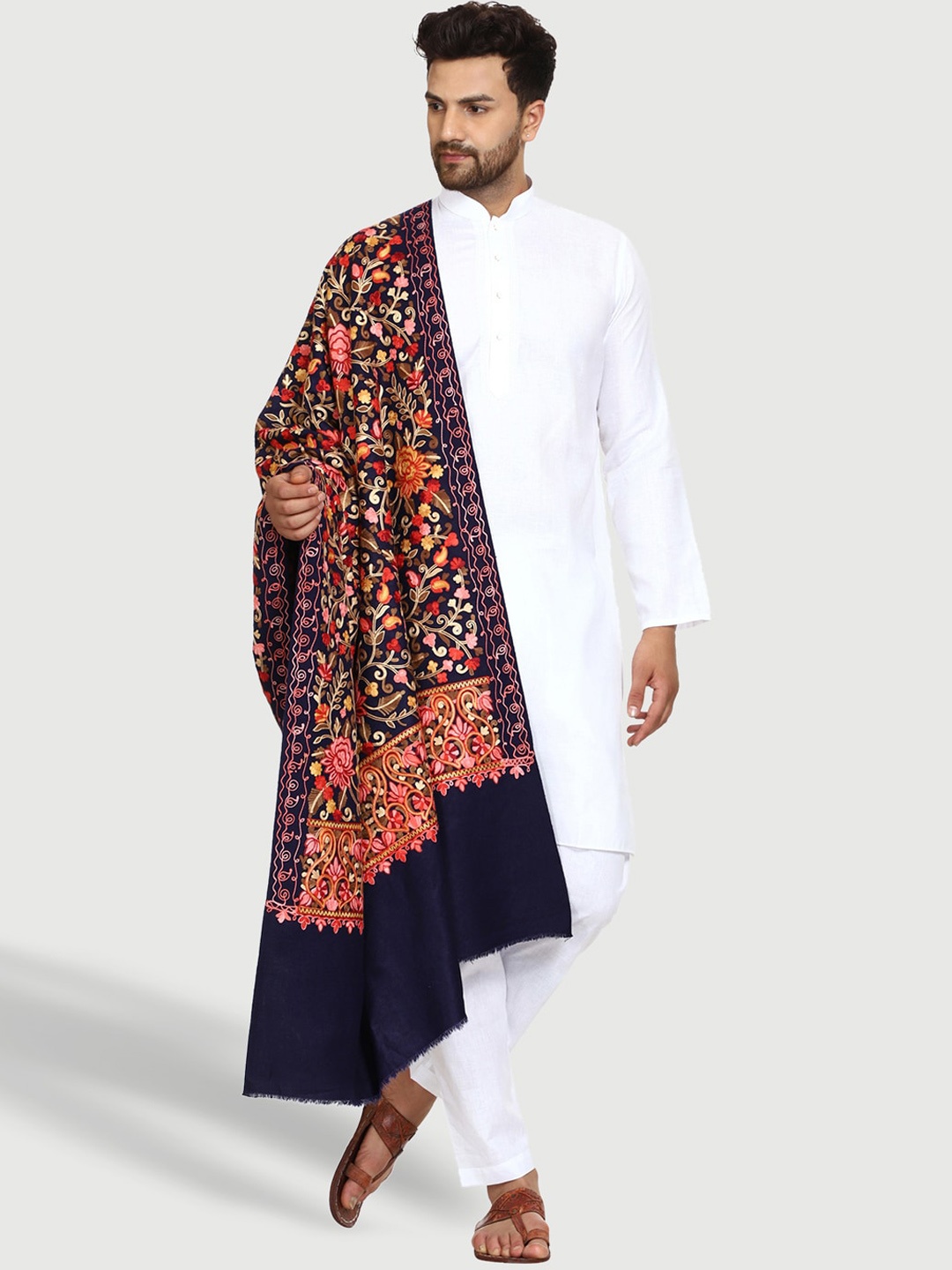 

SWI Stylish Men Aari Floral Embroidered Wool Shawl, Navy blue
