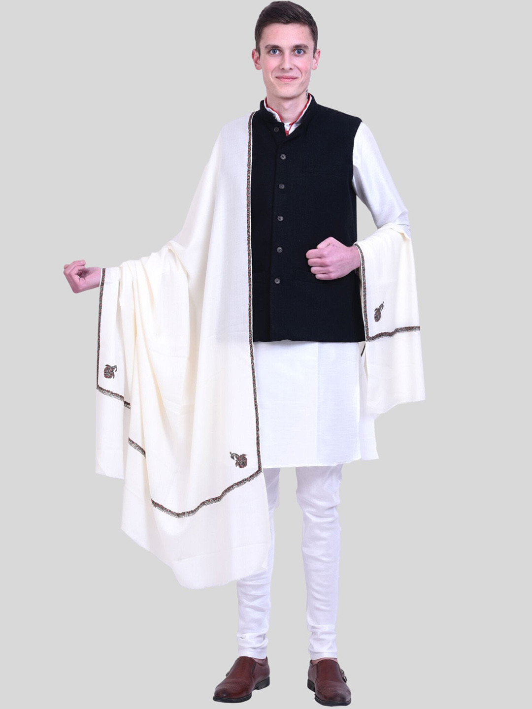 

SWI Stylish Men Hand Embroidered Pure Wool Shawl, White