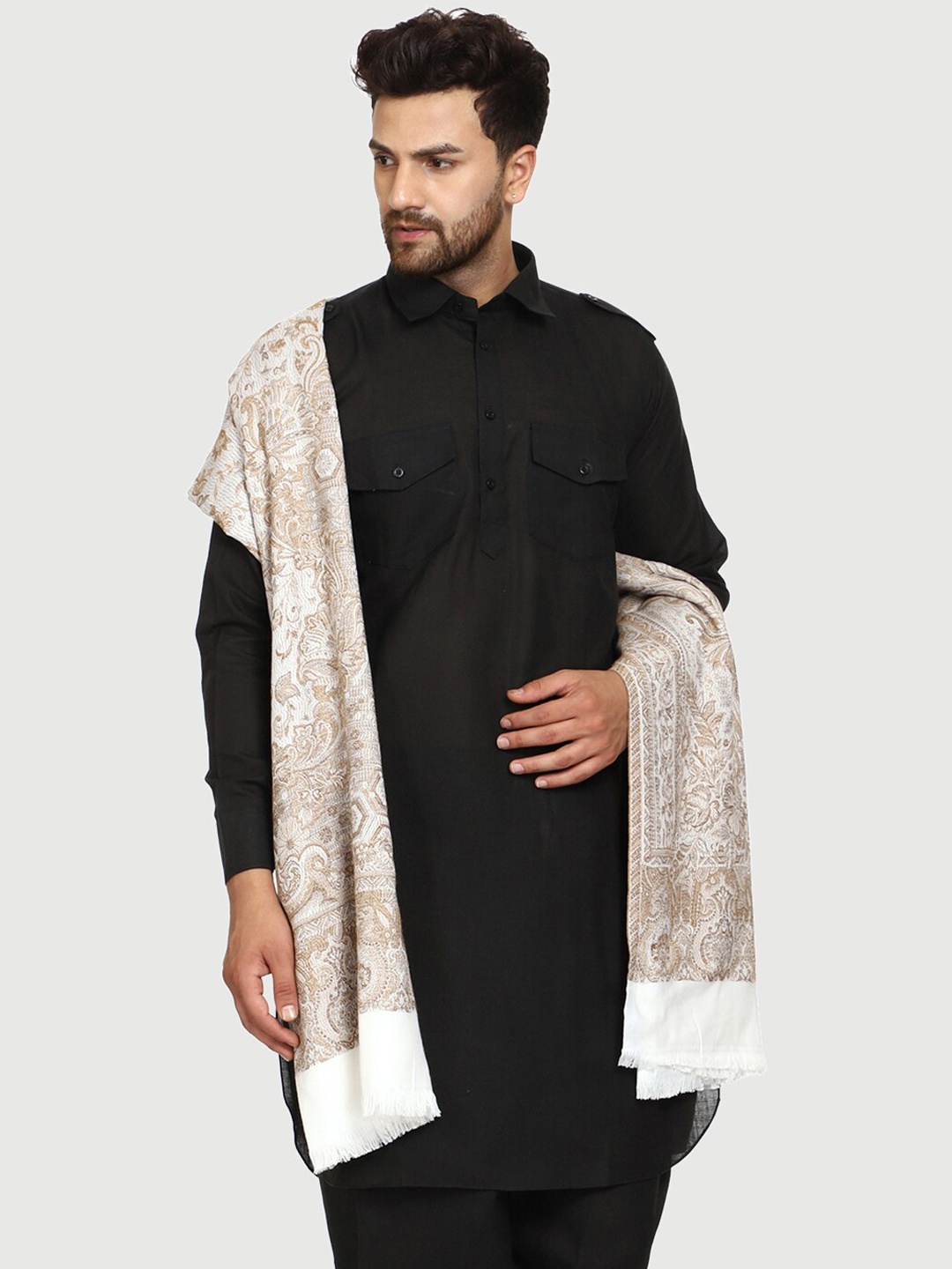 

SWI Stylish Men Ethnic Motifs Woven Design Wool Shawl, White