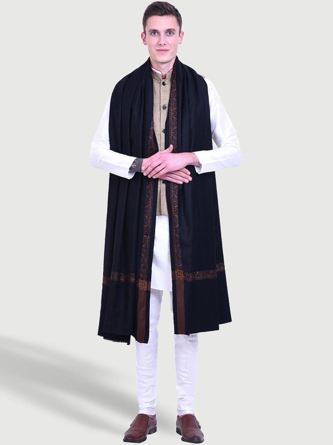 

SWI Stylish Men Ethnic Motifs Woven Design Pure Wool Shawl, Black