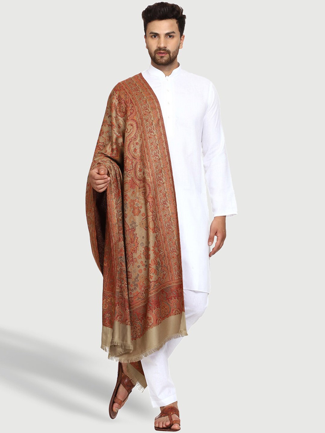 

SWI Stylish Men Ethnic Motifs Woven Design Wool Shawl, Beige