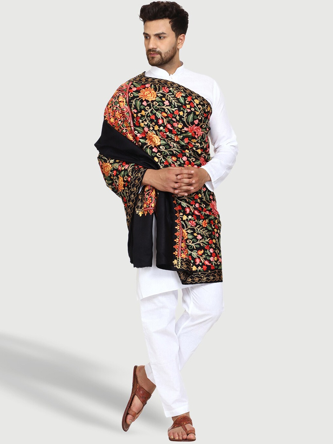 

SWI Stylish Floral Embroidered Wool Shawl, Black