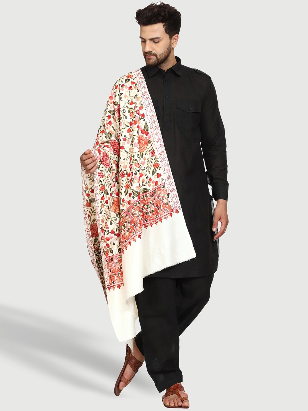 

SWI Stylish Men Aari Floral Embroidered Wool Shawl, White