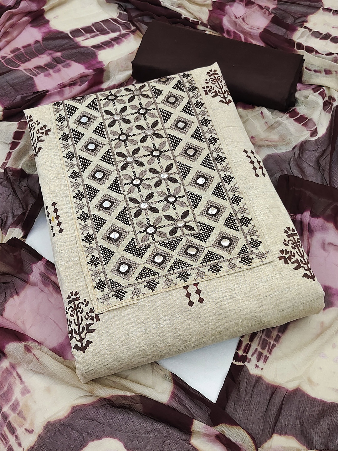 

MANVAA Embroidered Mirror Work Unstitched Dress Material, Beige