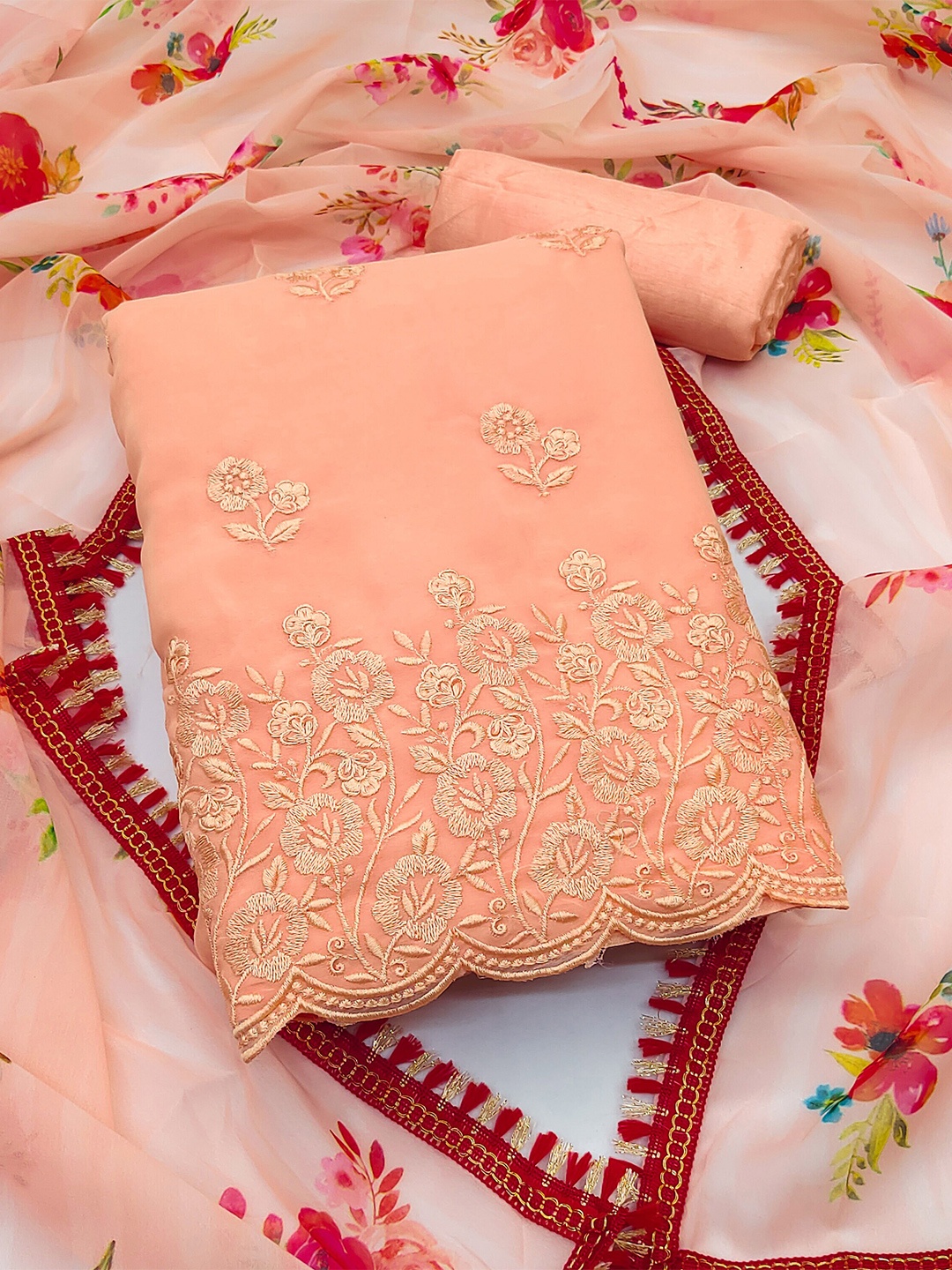 

MANVAA Ethnic Motifs Embroidered Georgette Unstitched Dress Material, Peach