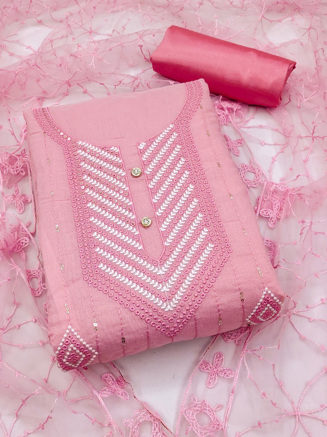 

MANVAA Ethnic Motif Embroidered Sequinned Unstitched Dress Material, Pink
