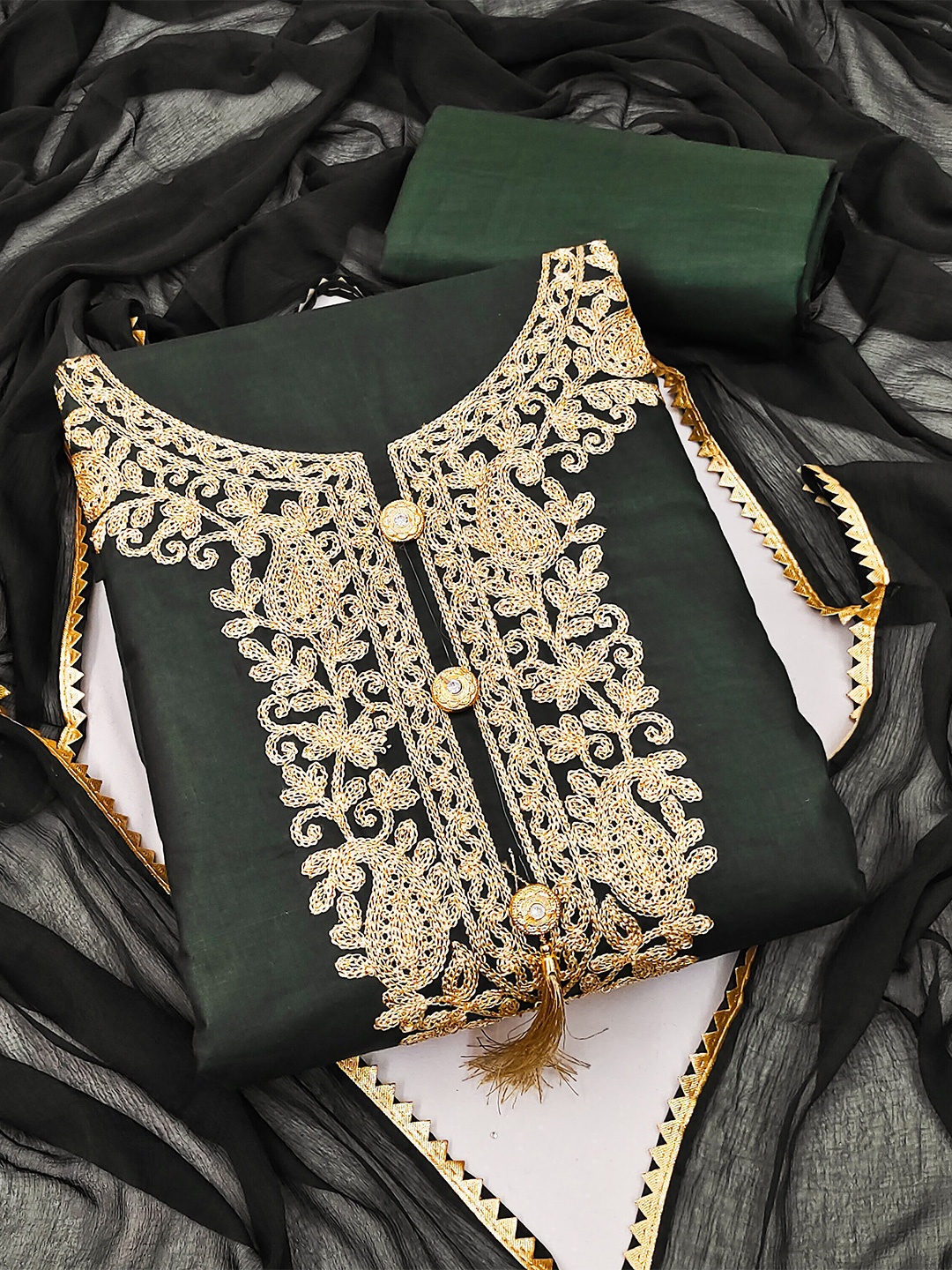 

MANVAA Ethnic Motifs Embroidered Gotta Patti Unstitched Dress Material, Green