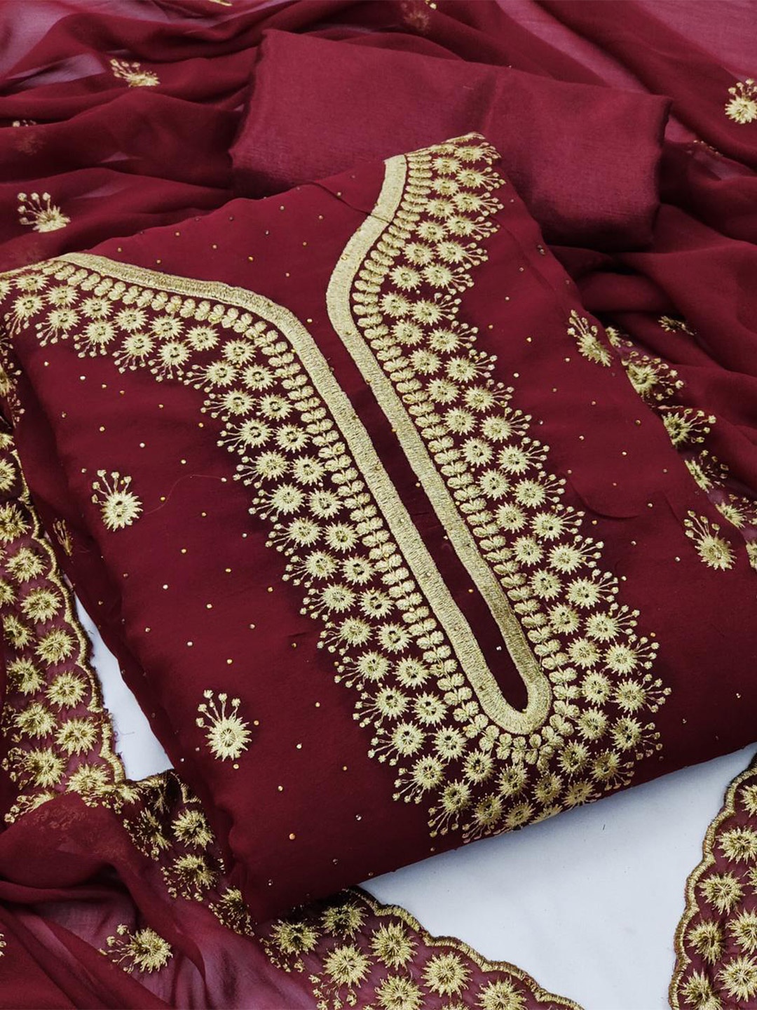 

MANVAA Ethnic Motif Embroidered Zari Unstitched Dress Material, Maroon