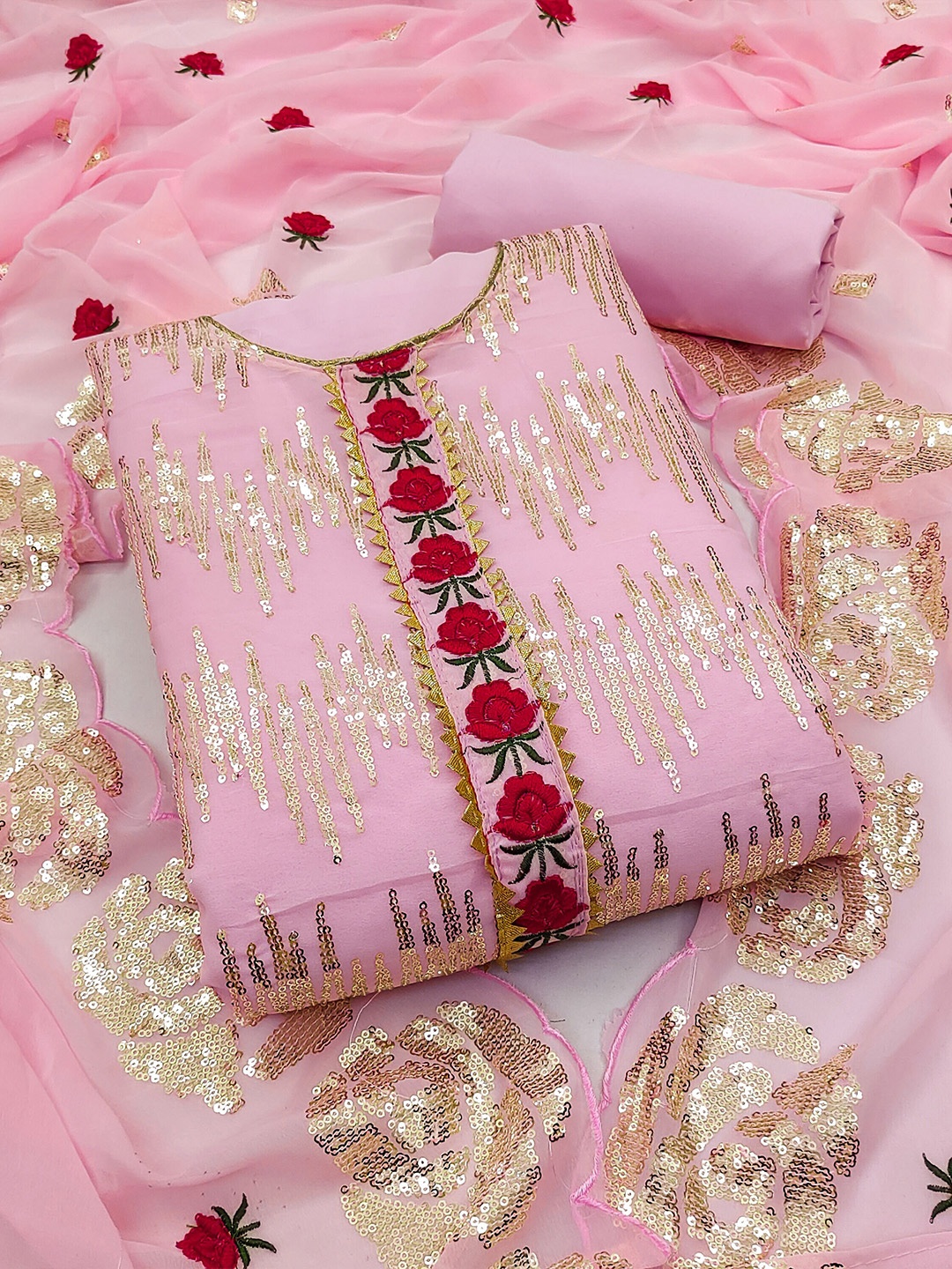 

MANVAA Floral Embroidered Silk Georgette Unstitched Dress Material, Pink