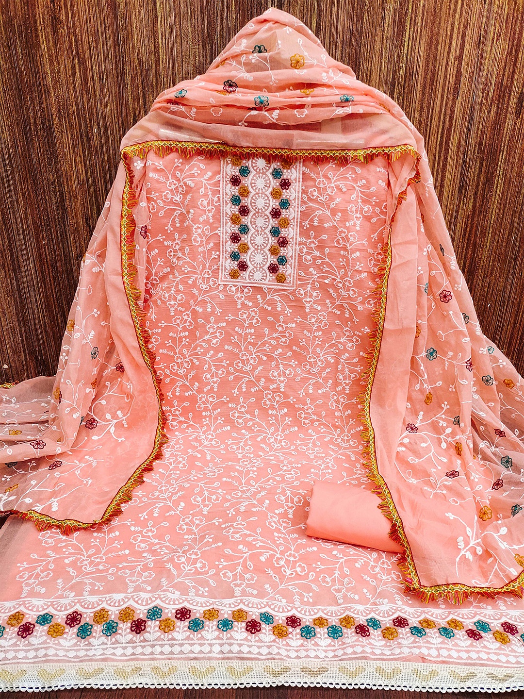 

MANVAA Floral Embroidered Unstitched Dress Material, Peach