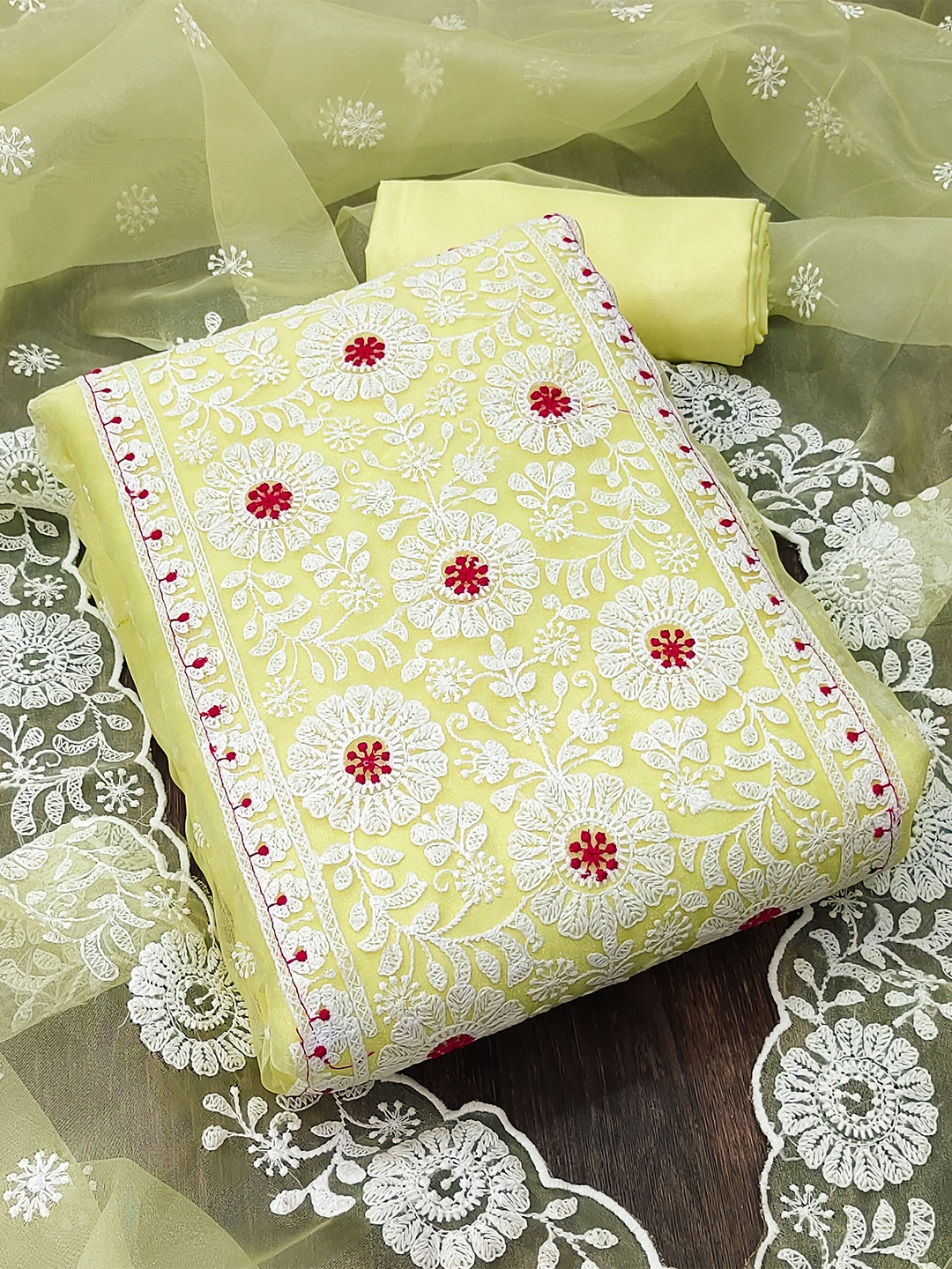 

MANVAA Floral Embroidered Organza Unstitched Dress Material, Yellow