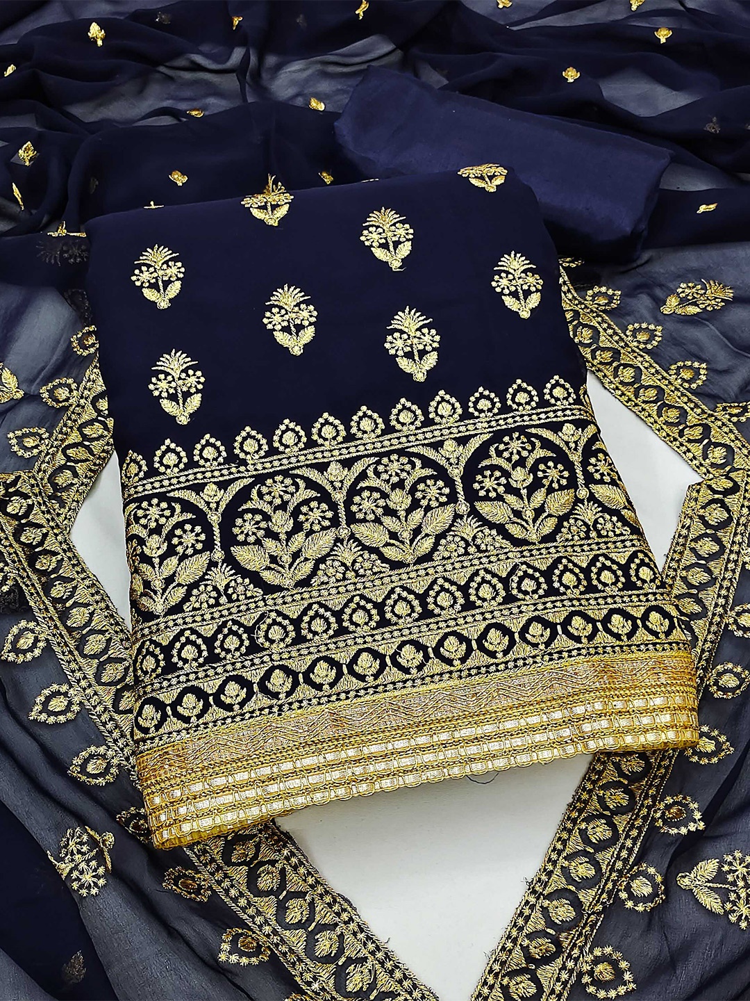 

MANVAA Embroidered Silk Georgette Unstitched Dress Material, Navy blue