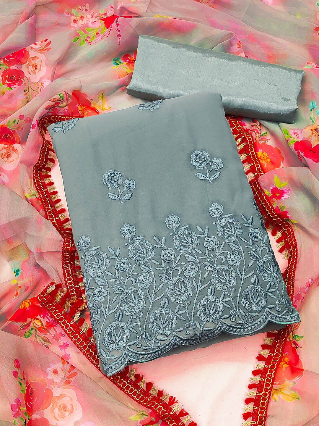 

MANVAA Embroidered Silk Georgette Unstitched Dress Material, Grey