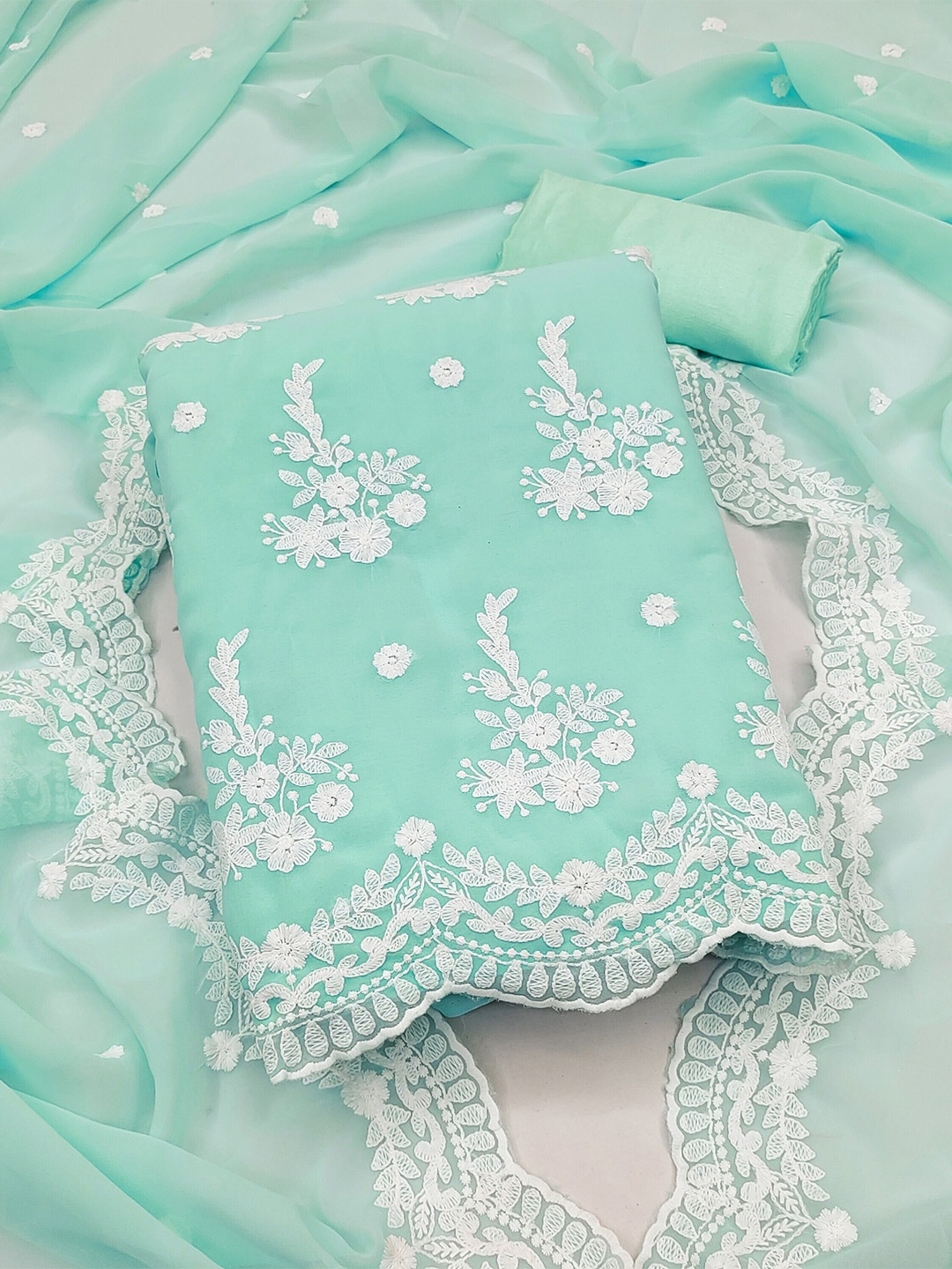 

MANVAA Floral Embroidered Silk Georgette Unstitched Dress Material, Sea green