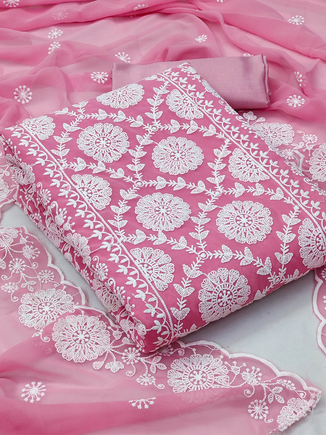 

MANVAA Floral Embroidered Unstitched Dress Material, Pink