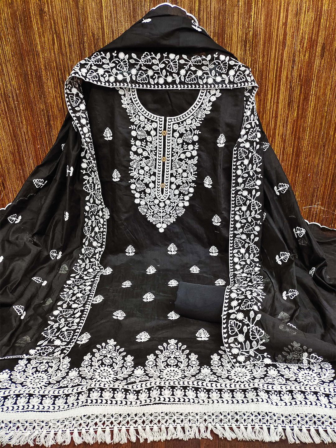 

MANVAA Floral Embroidered Unstitched Dress Material, Black