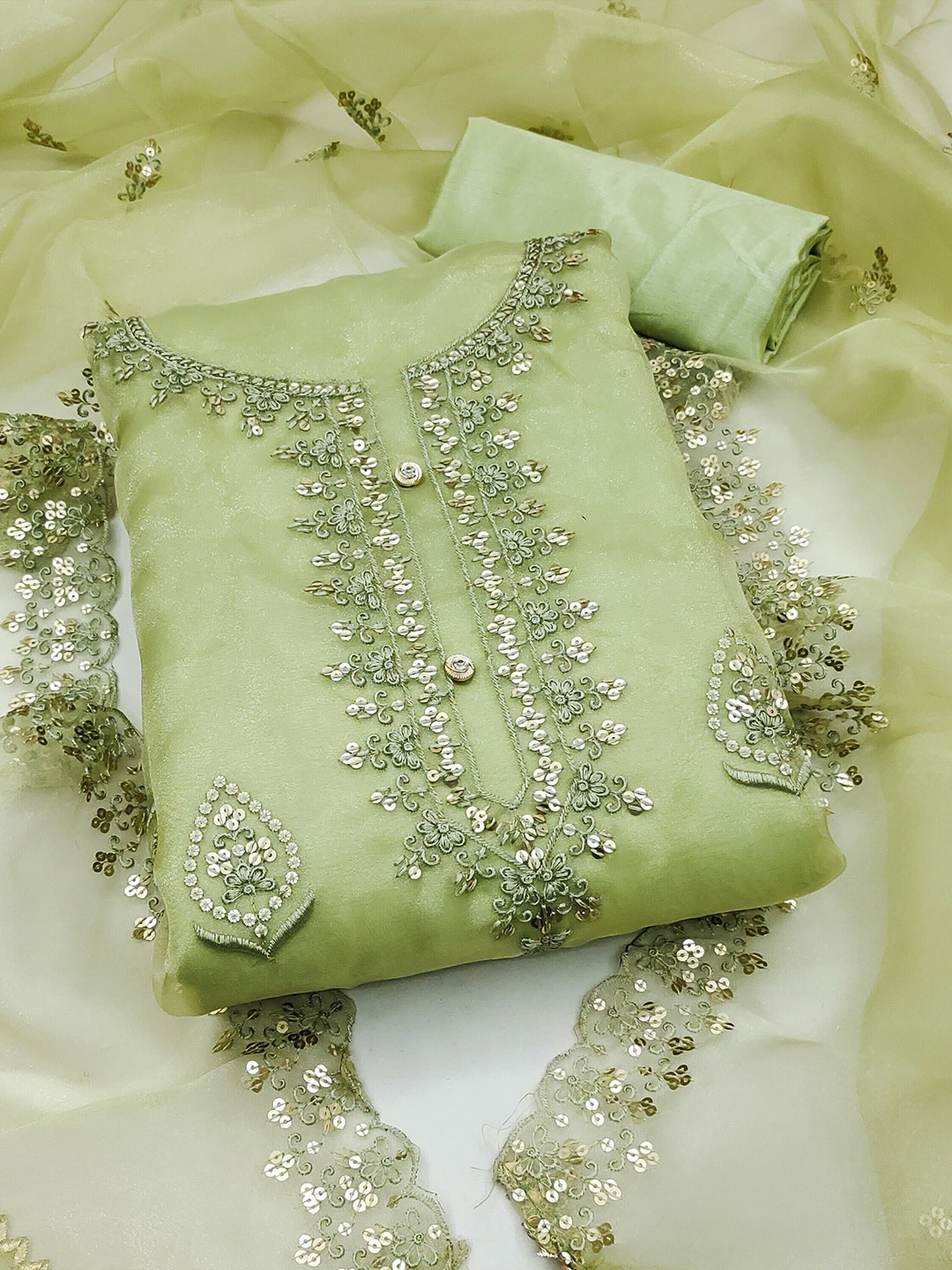 

MANVAA Embroidered Organza Unstitched Dress Material, Green