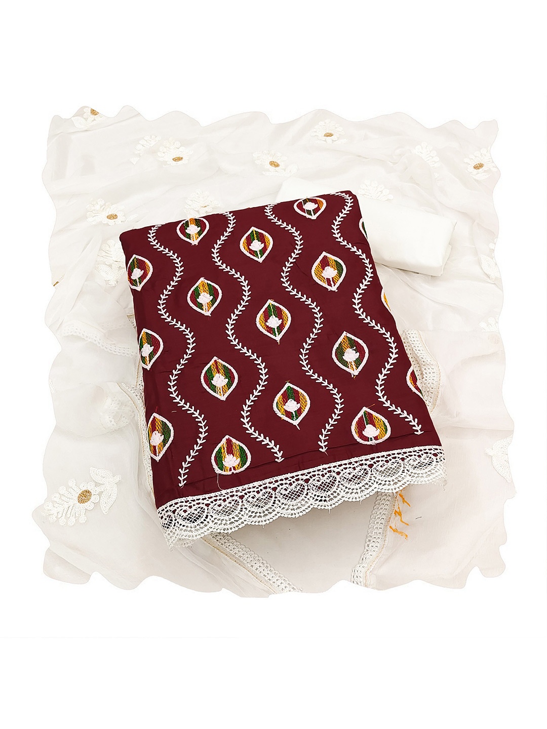 

MANVAA Embroidered Unstitched Dress Material, Maroon