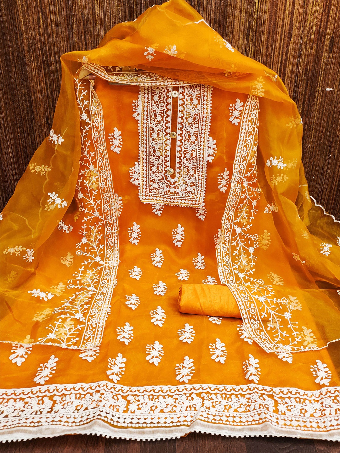 

MANVAA Floral Embroidered Organza Unstitched Dress Material, Orange