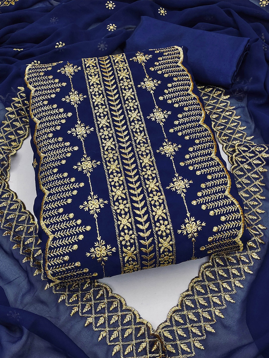 

MANVAA Embroidered Silk Georgette Unstitched Dress Material, Blue