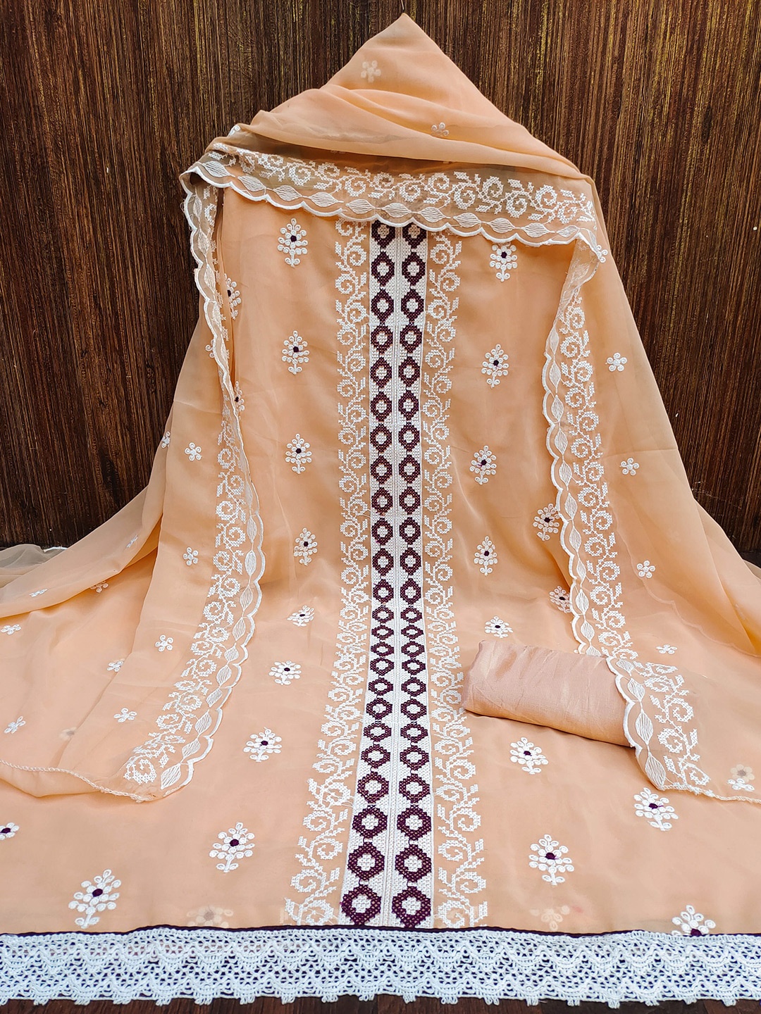 

MANVAA Ethnic Motifs Embroidered Silk Georgette Unstitched Dress Material, Peach