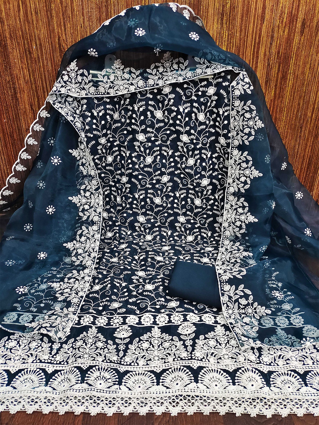 

MANVAA Floral Embroidered Organza Unstitched Dress Material, Teal