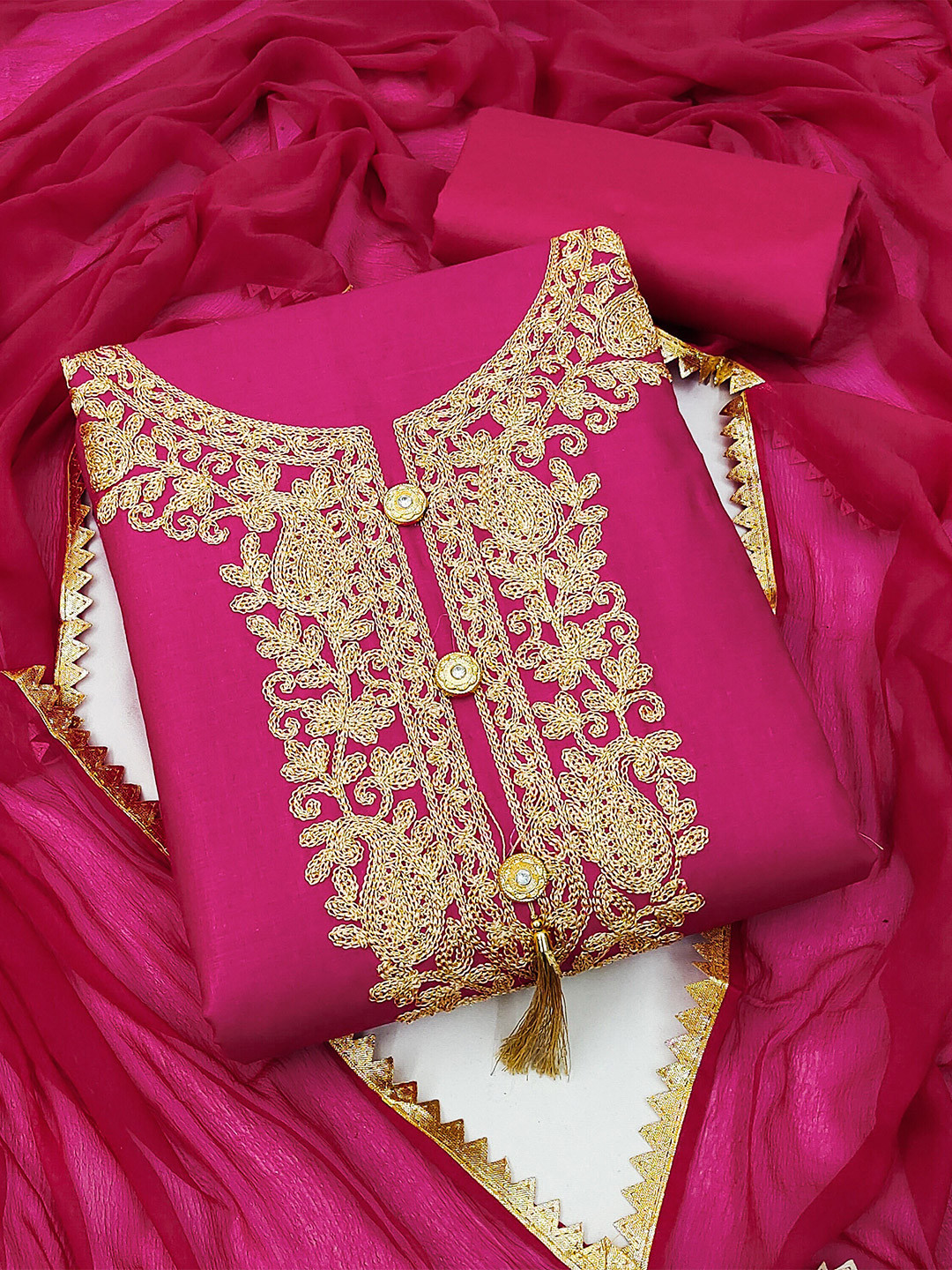 

MANVAA Ethnic Motif Embroidered Zari Unstitched Dress Material, Pink