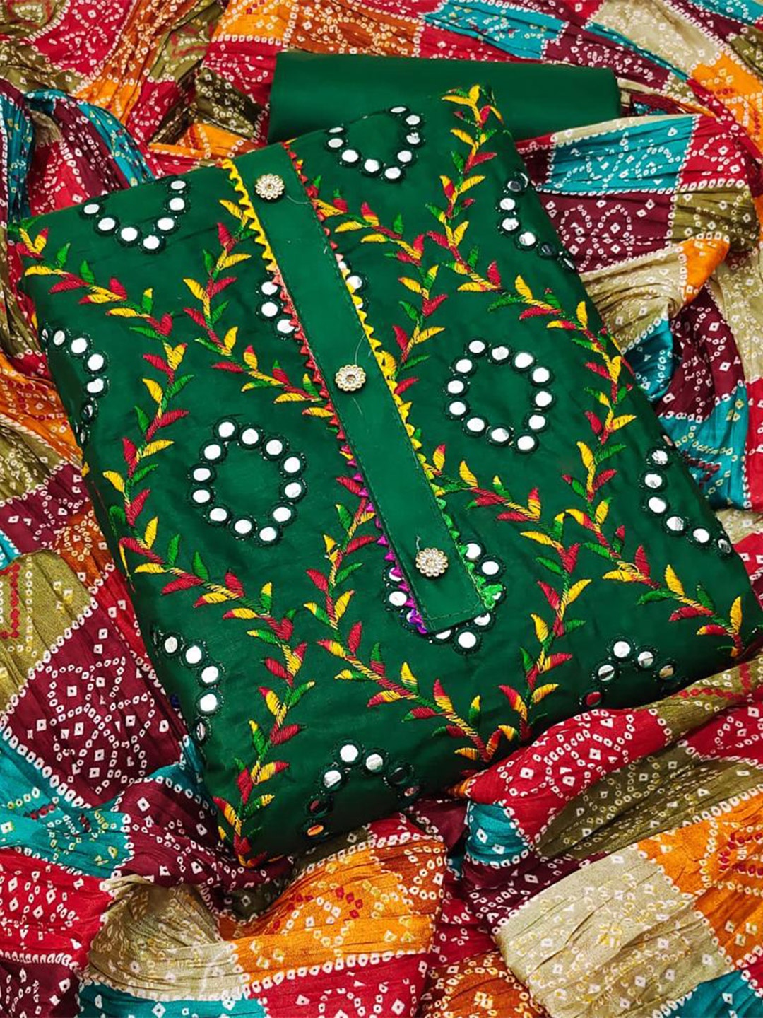 

MANVAA Floral Embroidered Mirror Work Detailed Unstitched Dress Material, Green