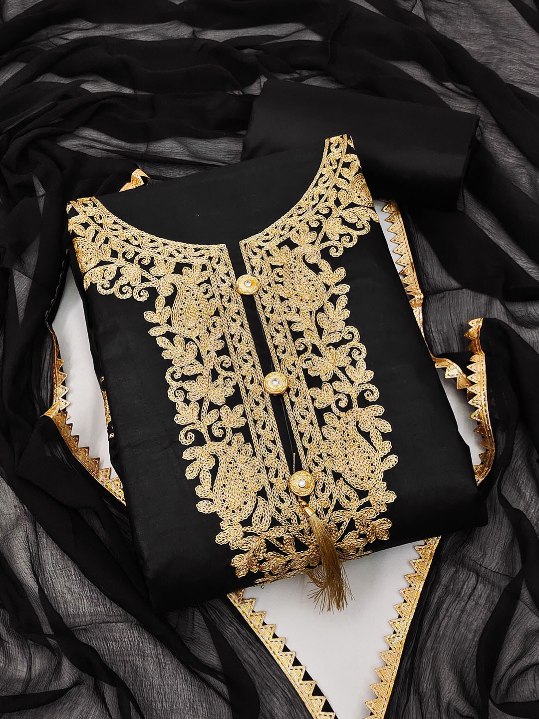 

MANVAA Floral Embroidered Unstitched Dress Material, Black