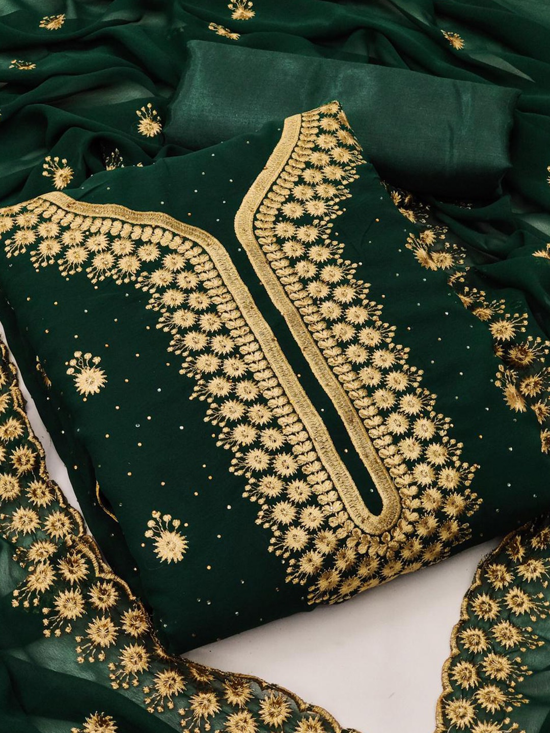 

MANVAA Embroidered Silk Georgette Unstitched Dress Material, Green