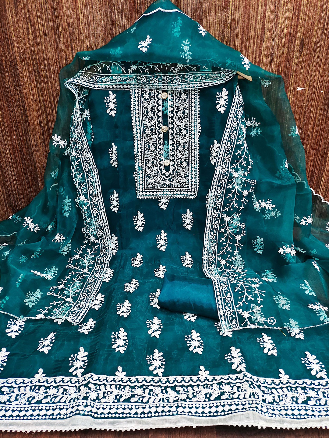 

MANVAA Floral Embroidered Organza Unstitched Dress Material, Teal