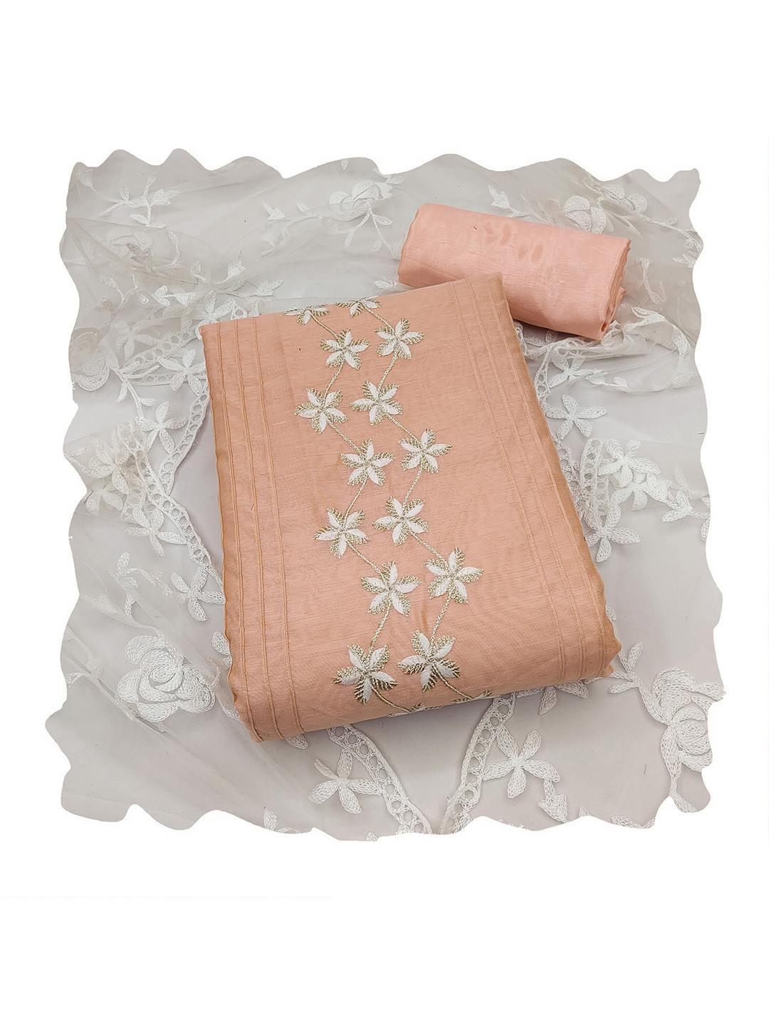 

MANVAA Embroidered Chanderi Cotton Unstitched Dress Material, Peach