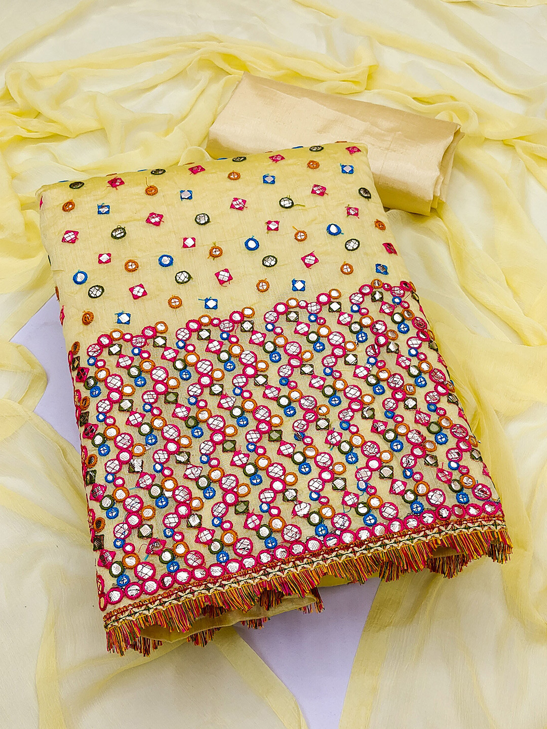 

MANVAA Geometric Embroidered Mirror Work Detail Unstitched Dress Material, Yellow