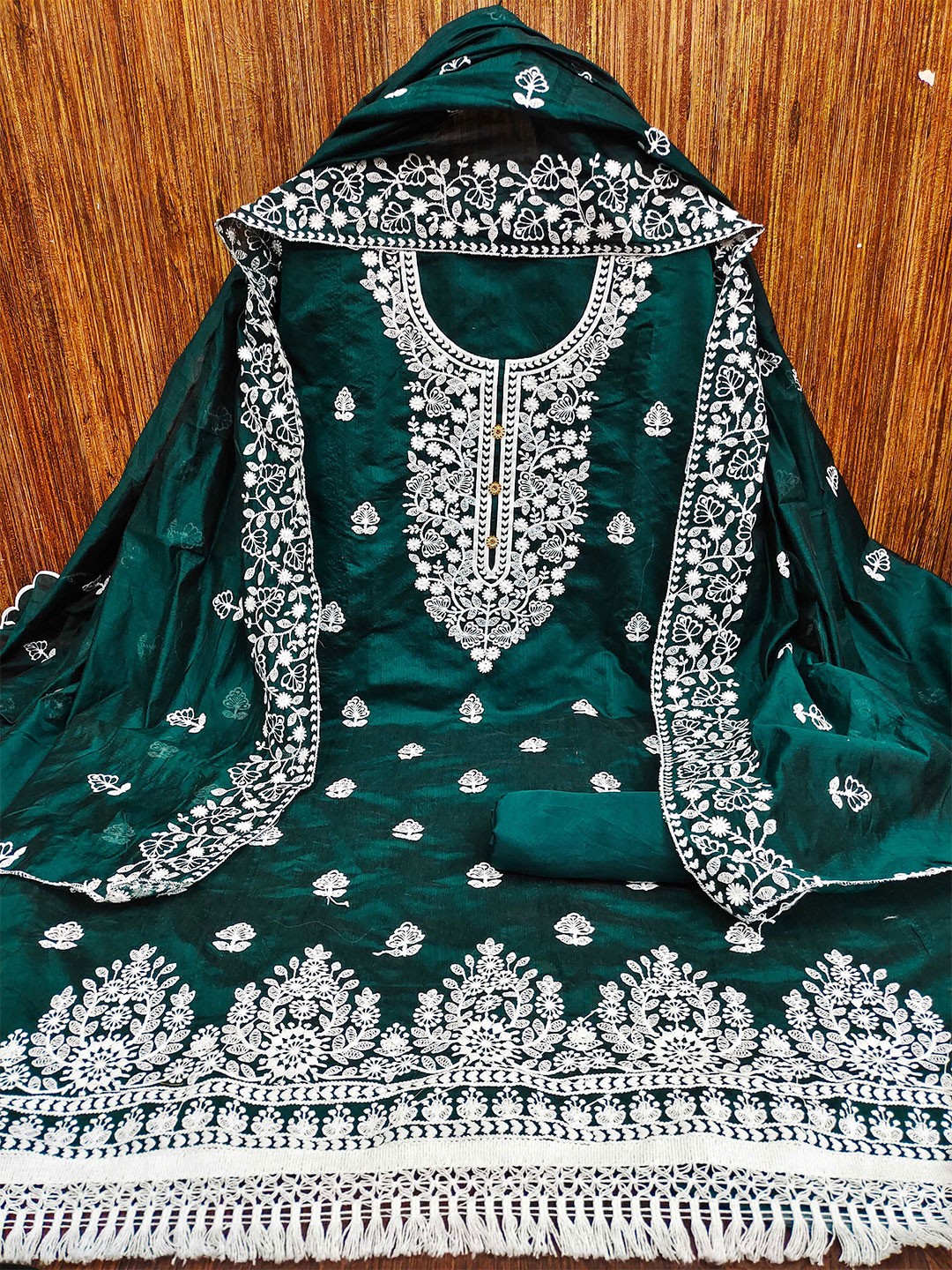 

MANVAA Floral Embroidered Unstitched Dress Material, Green