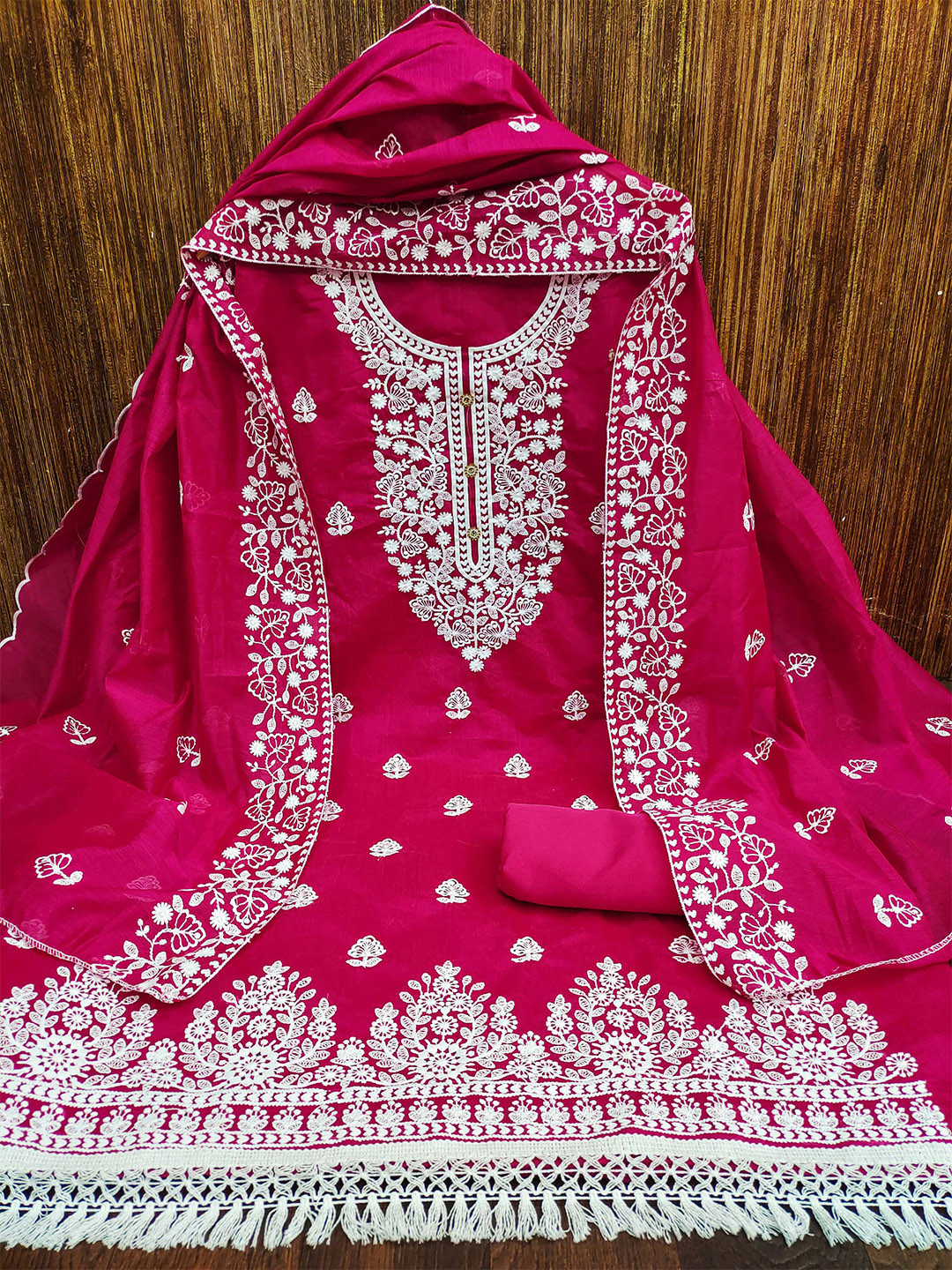 

MANVAA Floral Embroidered Unstitched Dress Material, Magenta