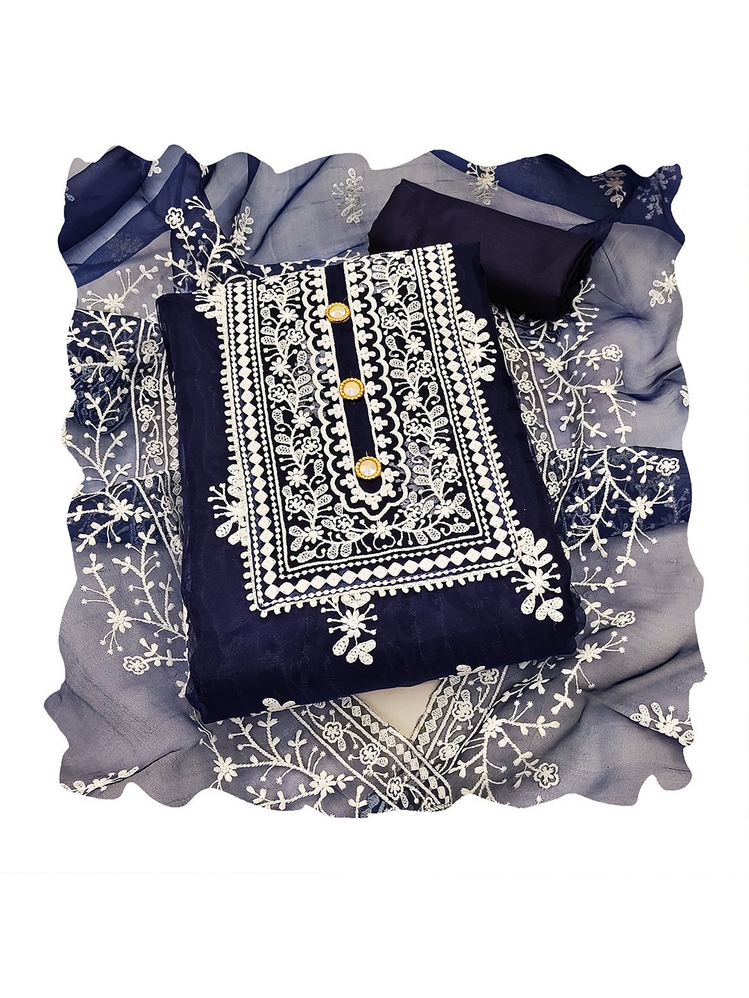

MANVAA Embroidered Organza Unstitched Dress Material, Navy blue