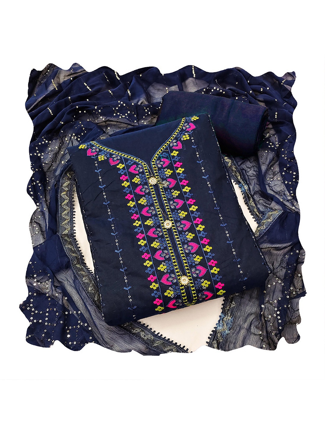 

MANVAA Ethnic Motifs Embroidered Sequined Chanderi Cotton Unstitched Dress Material, Navy blue