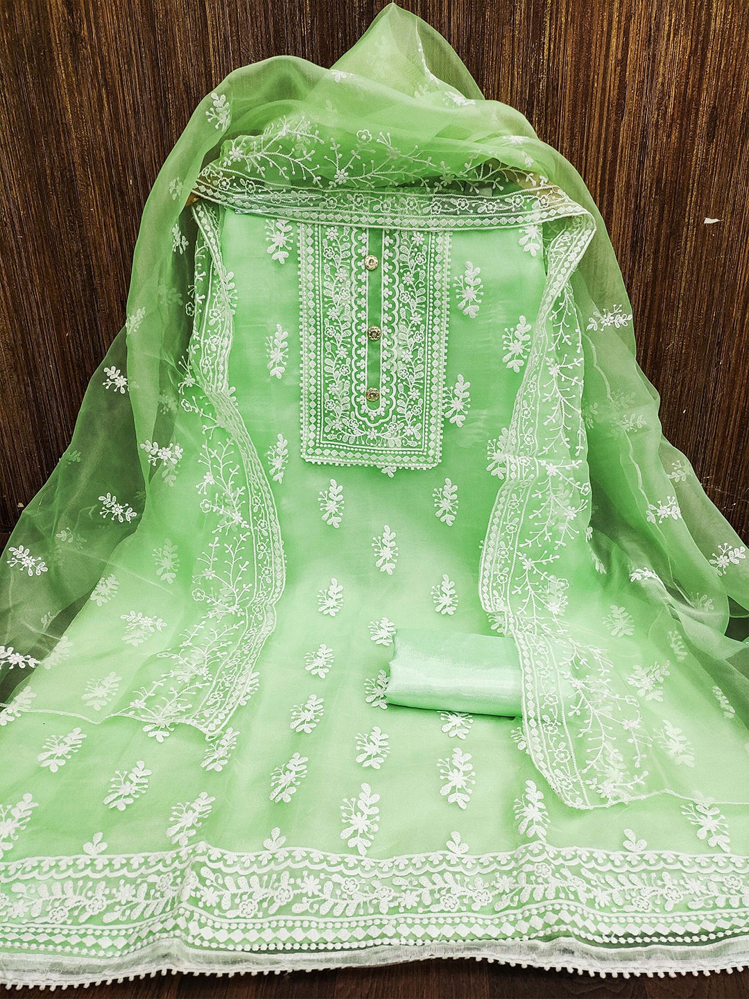 

MANVAA Floral Embroidered Organza Unstitched Dress Material, Green