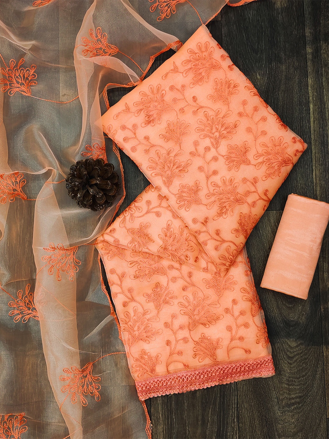 

MANVAA Floral Embroidered Unstitched Dress Material, Orange