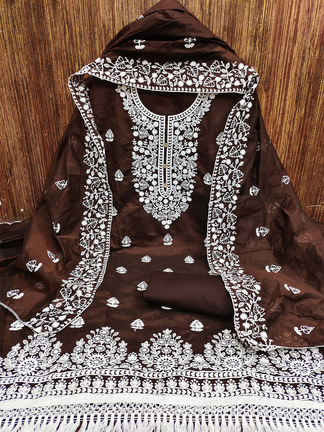 

MANVAA Floral Embroidered Unstitched Dress Material, Brown