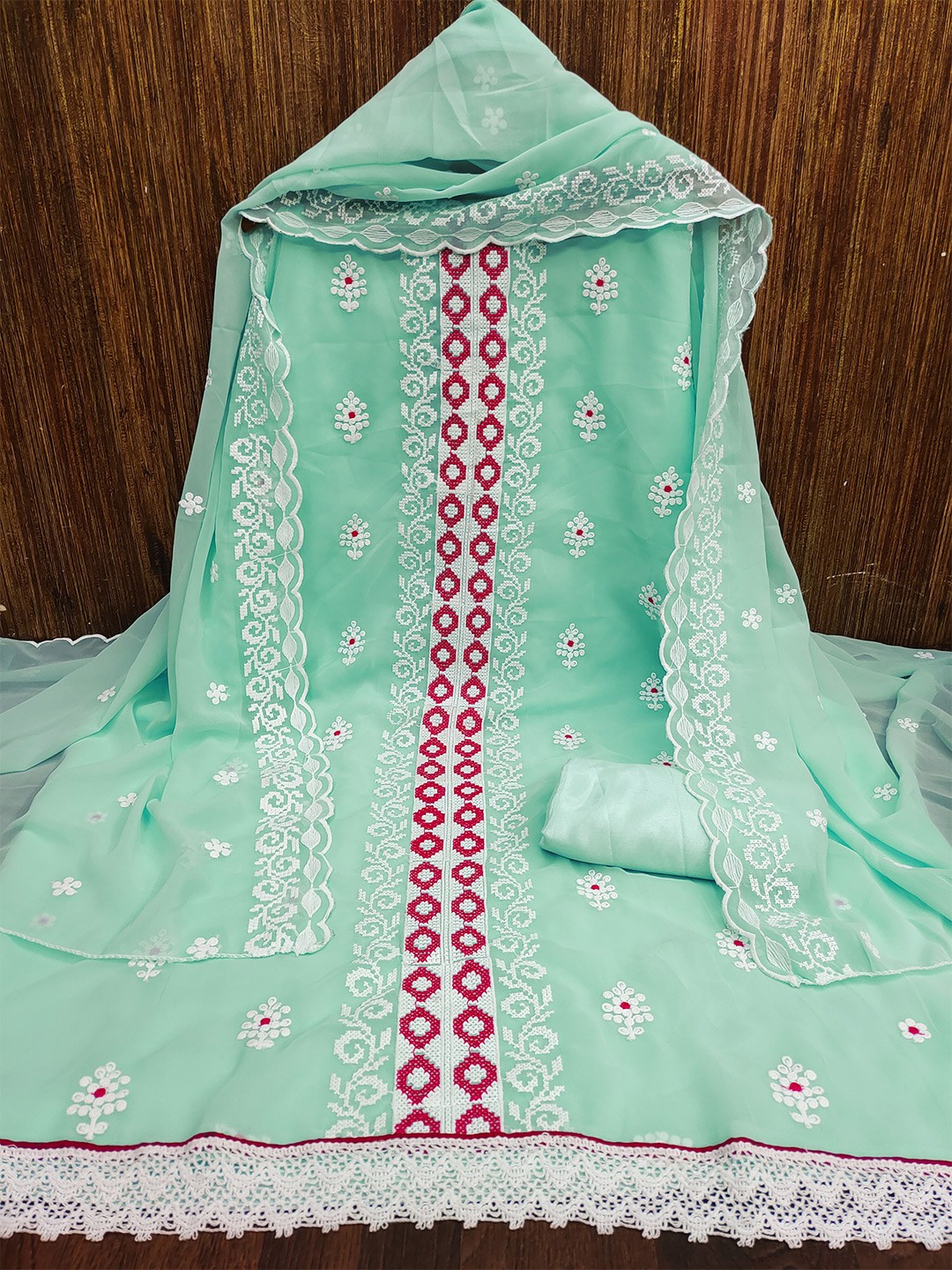 

MANVAA Ethnic Motifs Embroidered Georgette Unstitched Dress Material, Sea green